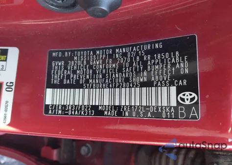 2015 Toyota Corolla S z USA, uszkodzony, nr VIN 5YFBURHE4FP280425